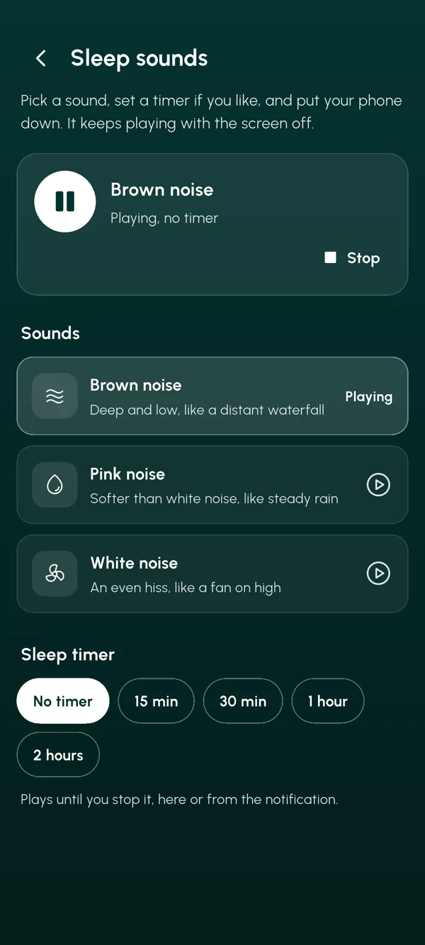 Sleep sounds: brown noise playing with no timer, and pink and white noise below