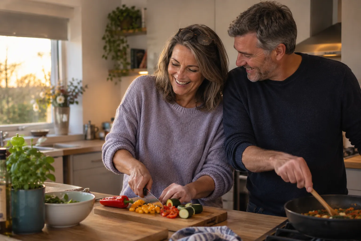 A couple in their fifties laughing together while they cook